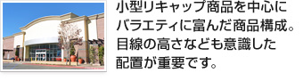 小型リキャップ商品を中心にバラエティに富んだ商品構成。目線の高さなども意識した配置が重要です。